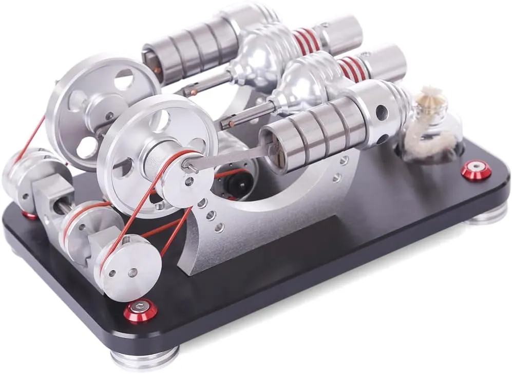 Stirling Engine Model Kits, 2-Cylinder Parallel Bootable Stirling External Combustion Engine with LED Light Generator for Physical Science Experiment Display
