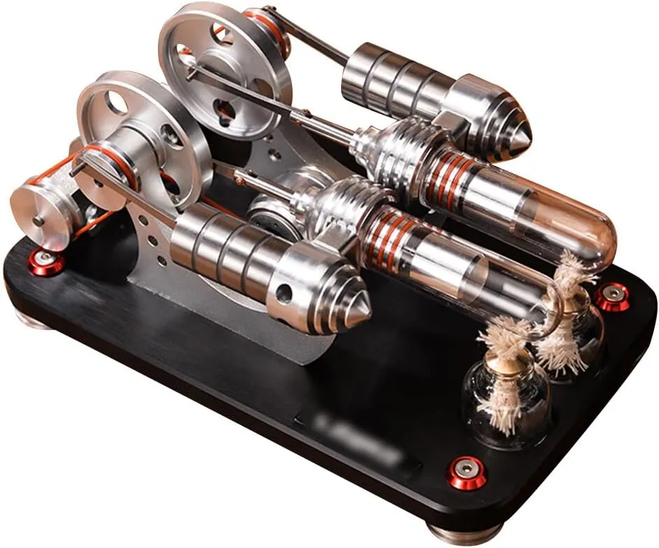 Stirling Engine Model Kits, 2-Cylinder Parallel Bootable Stirling External Combustion Engine with LED Light Generator for Physical Science Experiment Display