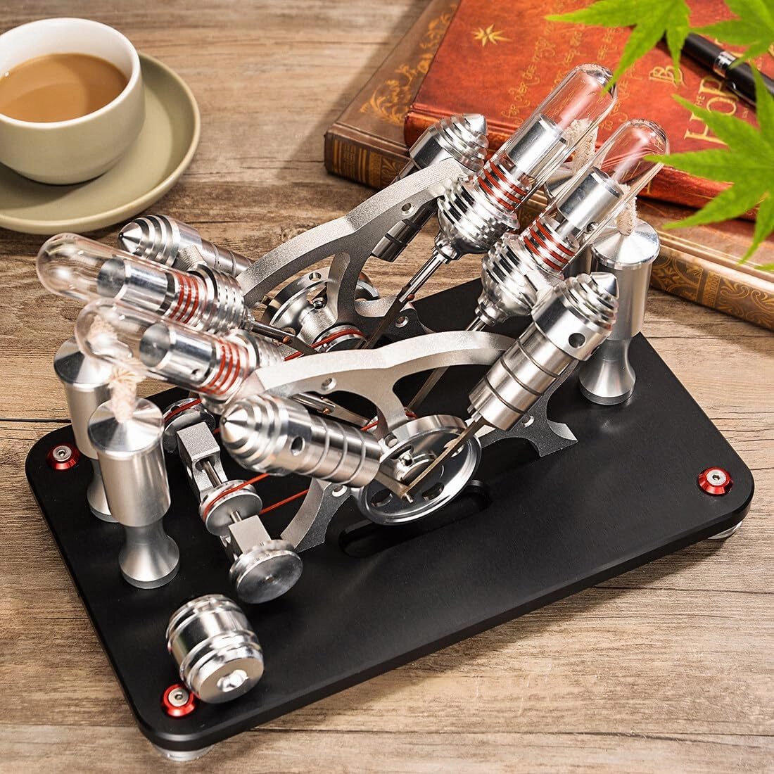 Stirling Engine Kit, Bootable V4 4-Cylinder Parallel Stirling Engine External Combustion Engine with Colorful LED Light & Alcohol Burner, Physics Science Experiment Demonstration for Adults