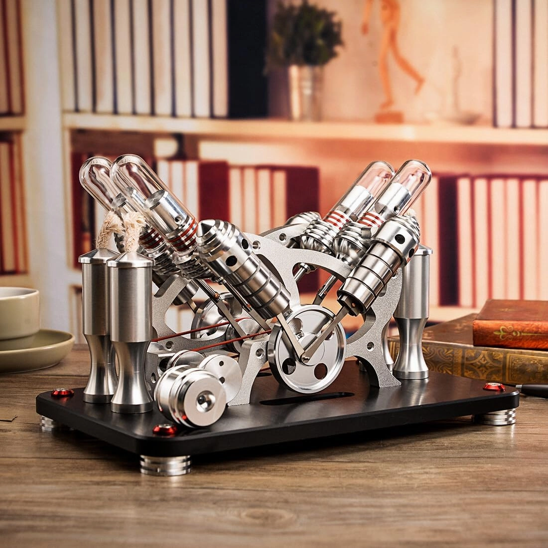Stirling Engine Kit, Bootable V4 4-Cylinder Parallel Stirling Engine External Combustion Engine with Colorful LED Light & Alcohol Burner, Physics Science Experiment Demonstration for Adults