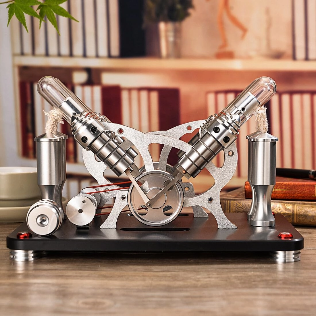 Stirling Engine Kit, Bootable V4 4-Cylinder Parallel Stirling Engine External Combustion Engine with Colorful LED Light & Alcohol Burner, Physics Science Experiment Demonstration for Adults