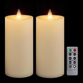 Stripe Pillar Candles with Remote Timer, Battery Candles Up to 400 Hours, 3D Moving Flame Wax Candle, Set of 2, 3 x H6 Inches,Remote Included(Ivory Vertical Stripe-2 Pack)