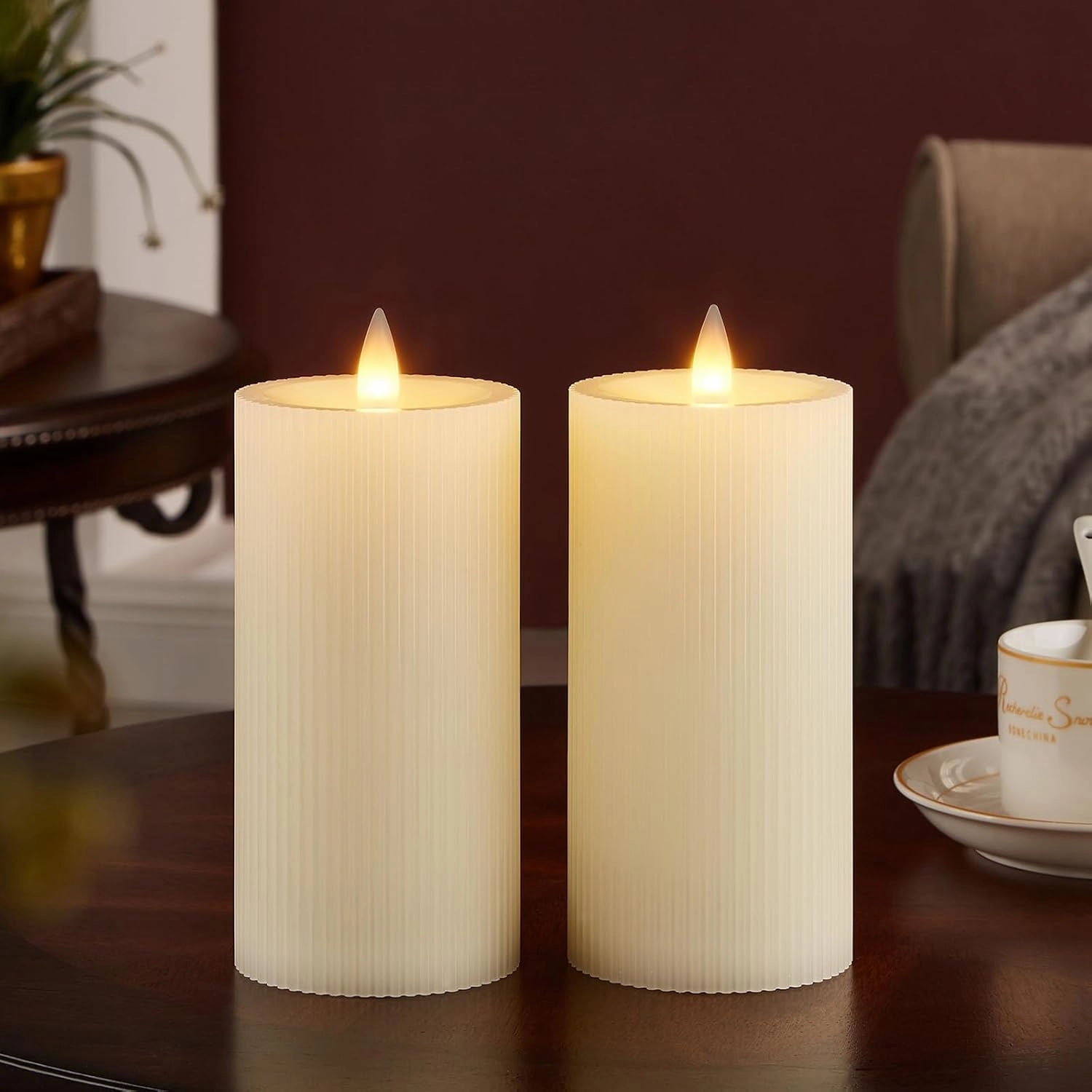 Stripe Pillar Candles with Remote Timer, Battery Candles Up to 400 Hours, 3D Moving Flame Wax Candle, Set of 2, 3 x H6 Inches,Remote Included(Ivory Vertical Stripe-2 Pack)