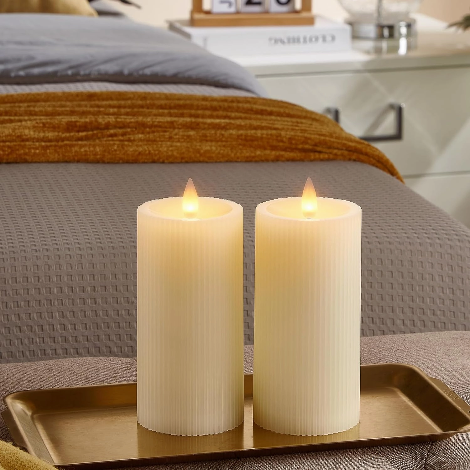 Stripe Pillar Candles with Remote Timer, Battery Candles Up to 400 Hours, 3D Moving Flame Wax Candle, Set of 2, 3 x H6 Inches,Remote Included(Ivory Vertical Stripe-2 Pack)