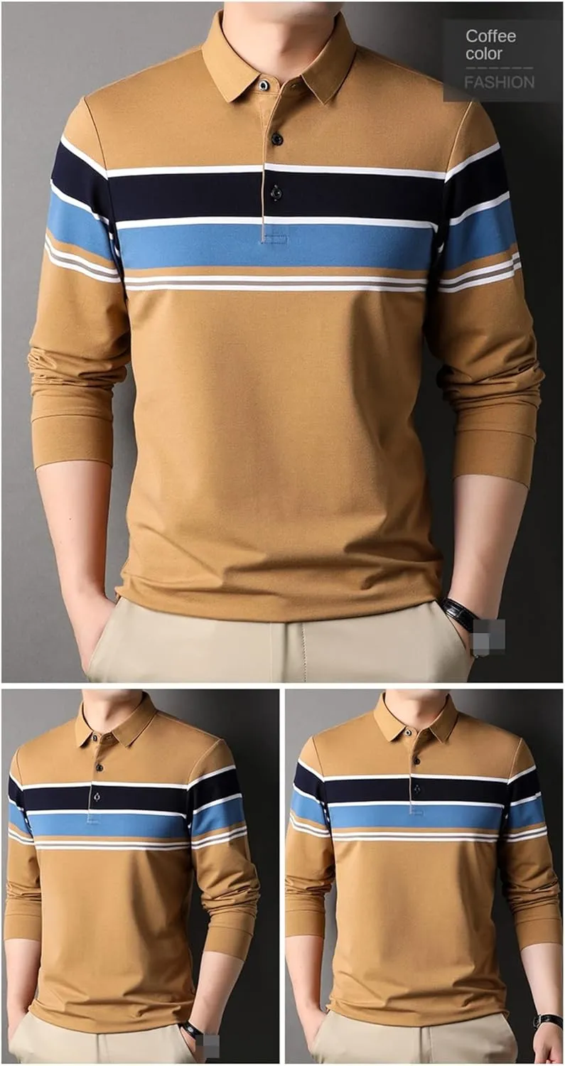 Striped Designer for Men Polo Shirt Classic Fit Casual Long Sleeve Tops