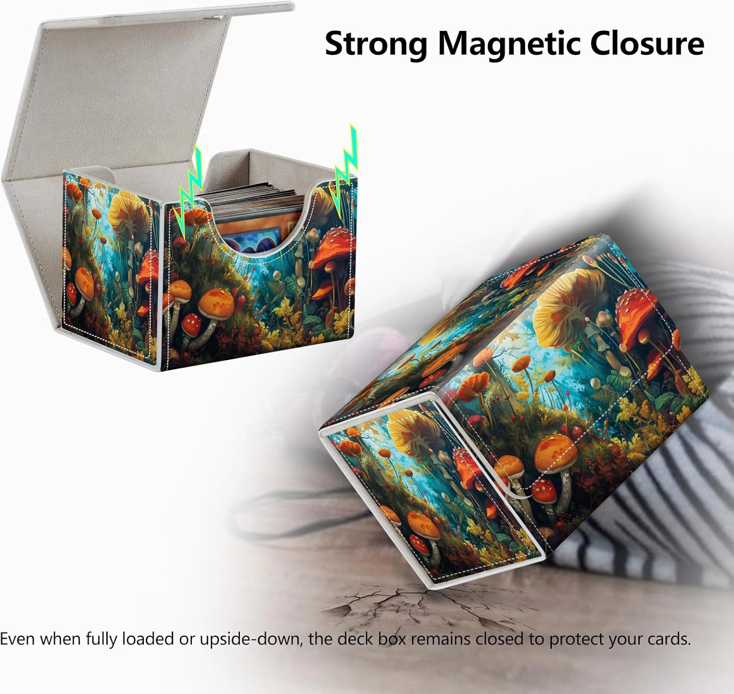 Strong Magnet Case Mtg Magic Deck Box Tcg Up to 200 Cards Creative Pattern Trading Card Storage Box for Collectible Card Games, A Colorful Mushroom