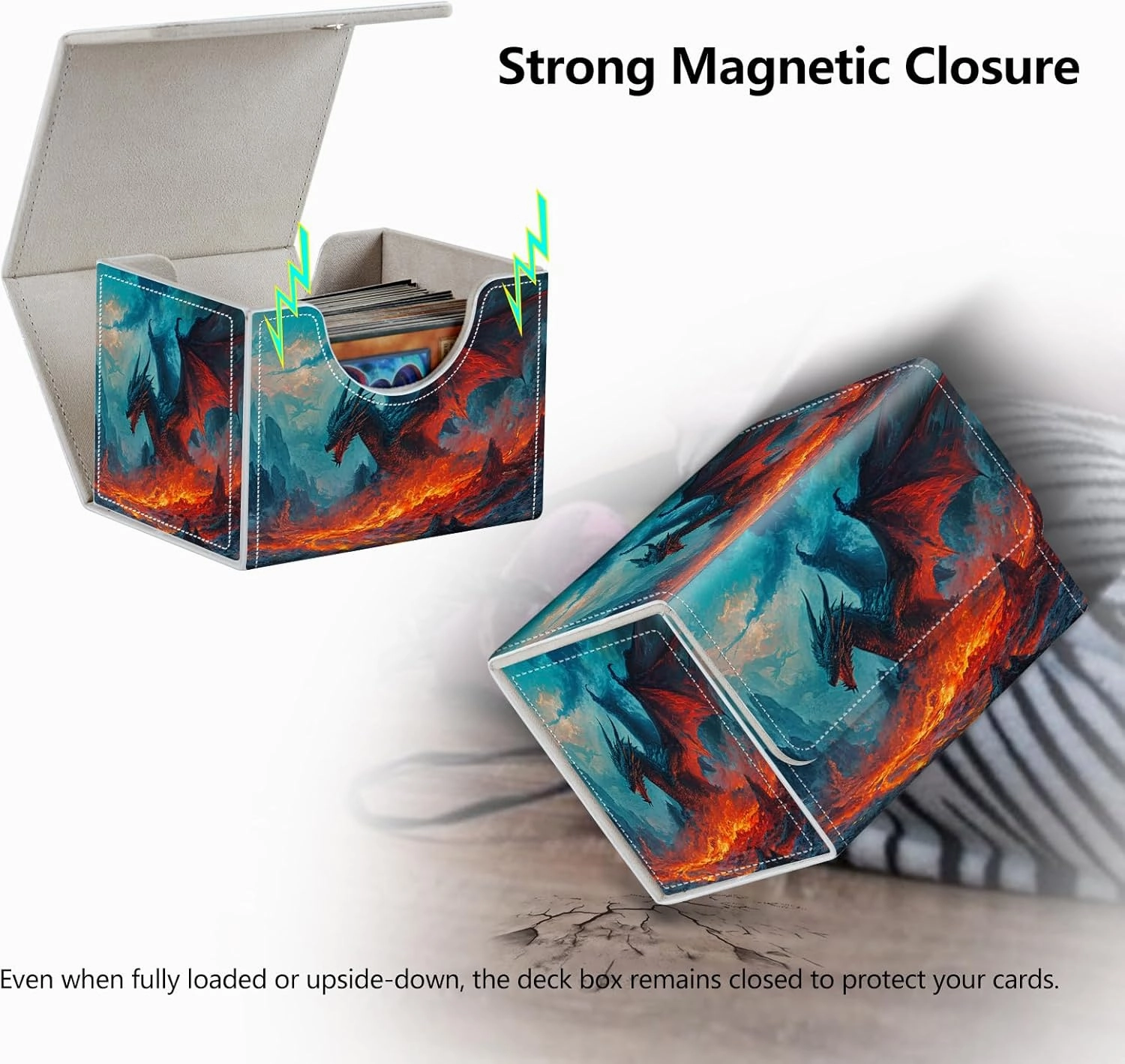Strong Magnet MTG Demon Deck Box Playing Card Case Magic The Gathering Commander Deck Box Creative Pattern Trading Card Storage Box for Collectible Games, Dragon Flies Against The Fire