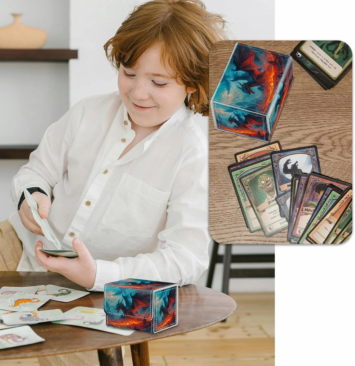 Strong Magnet MTG Demon Deck Box Playing Card Case Magic The Gathering Commander Deck Box Creative Pattern Trading Card Storage Box for Collectible Games, Dragon Flies Against The Fire