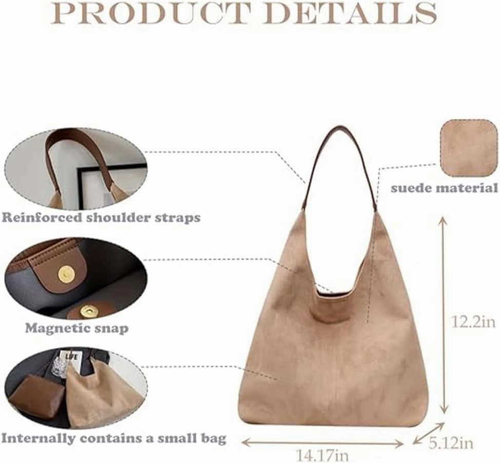 Suede Bag for Women - Brown Handbag Tote Hobo Purse