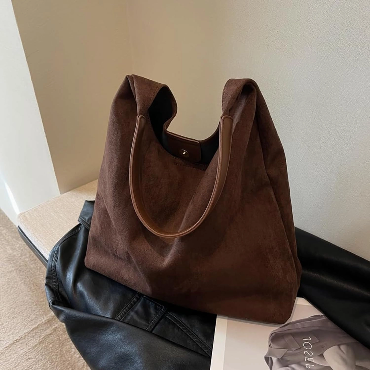 Suede Bags for Women - Brown Suede Tote and Shoulder Bag with Zipper Purse
