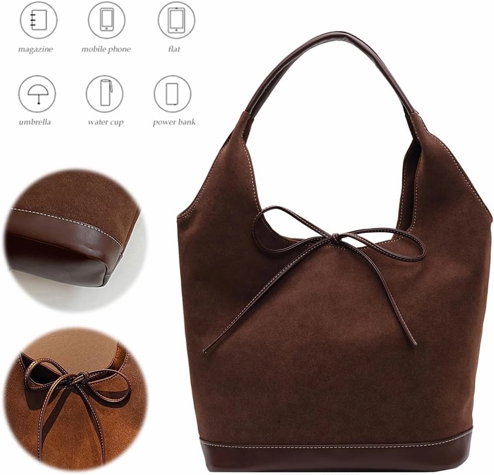 Suede Hobo Tote Bag for Women, Large Capacity Suede Tote Purse Hasp Brown Suede Handbag Slouchy Commuting Bag
