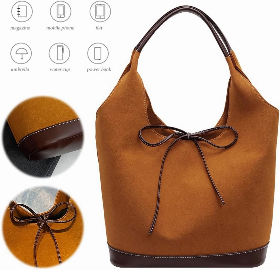 Suede Hobo Tote Bag for Women, Large Capacity Suede Tote Purse Hasp Brown Suede Handbag Slouchy Commuting Bag
