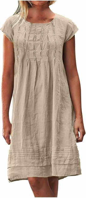 Summer Dresses for Women 2025 Vacation Crew Neck Short Sleeve Pleated Mini Dress Casual Soft Vacation Linen Dresses