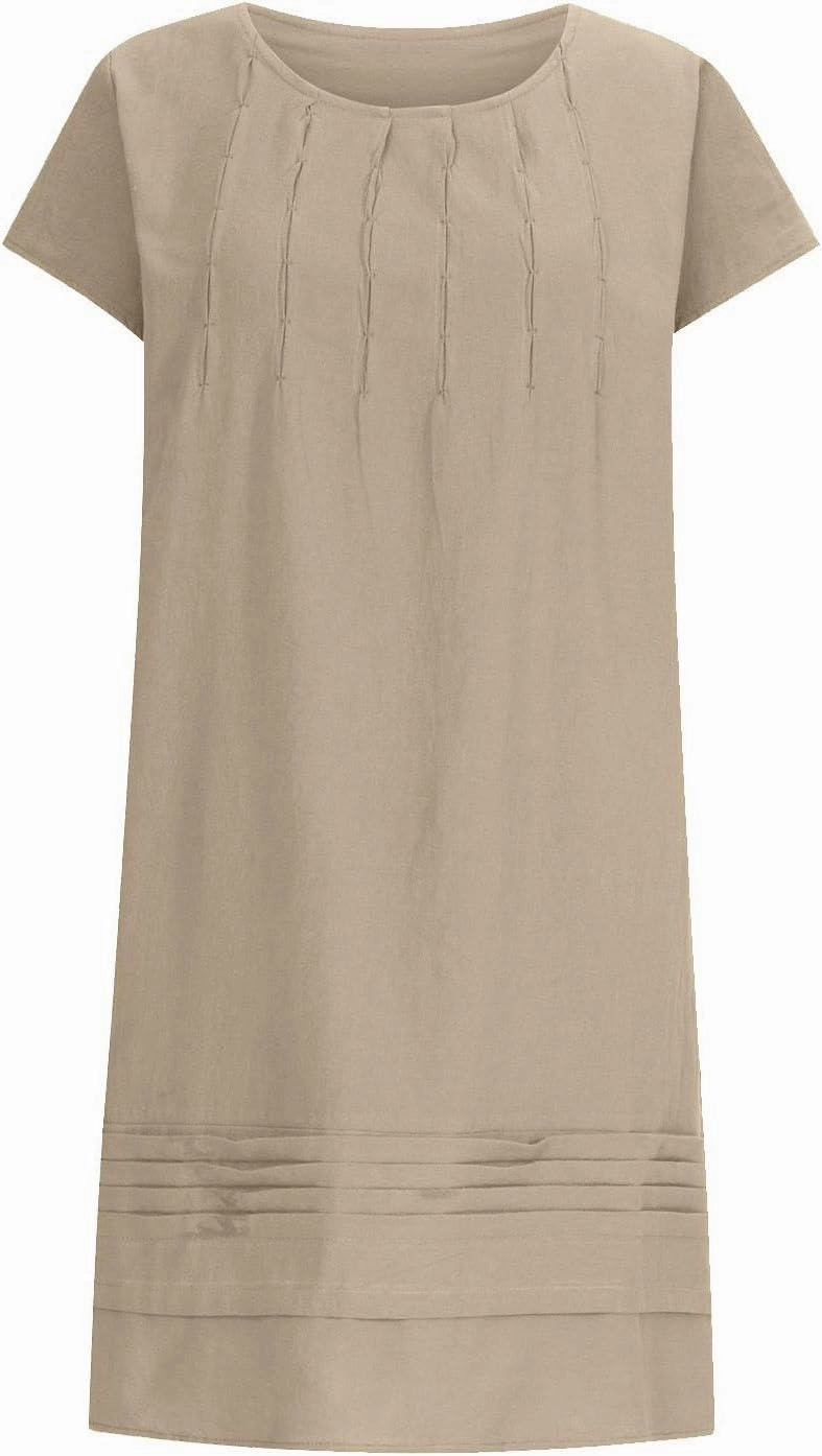 Summer Dresses for Women 2025 Vacation Crew Neck Short Sleeve Pleated Mini Dress Casual Soft Vacation Linen Dresses