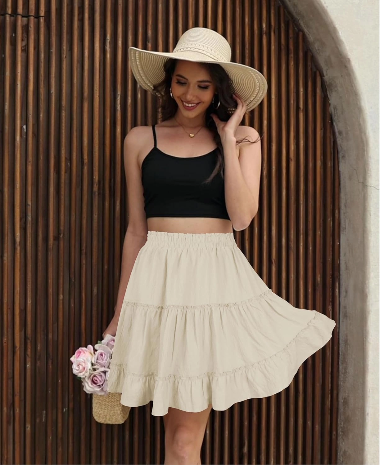 Summer Skirts for Women 2025 Vacation Cotton Ruffle Elastic Waist A-Line Casual Short Skirt