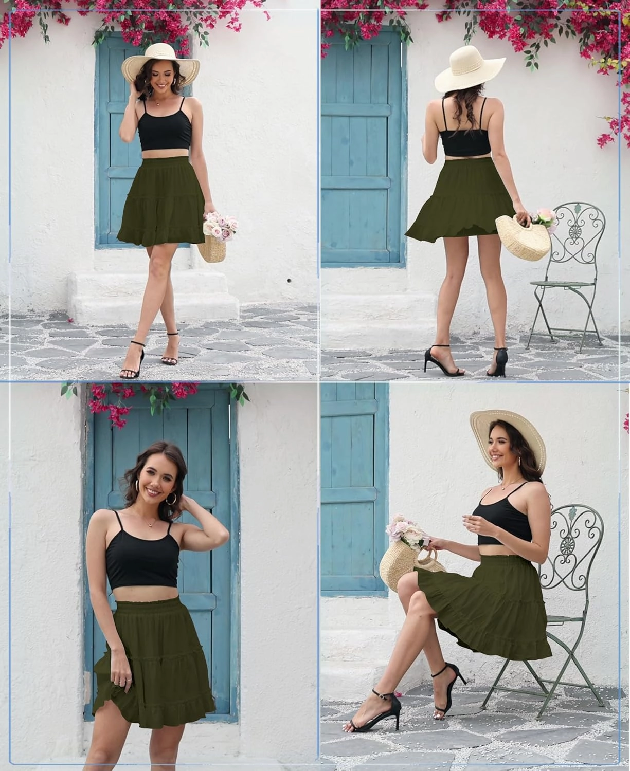 Summer Skirts for Women 2025 Vacation Cotton Ruffle Elastic Waist A-Line Casual Short Skirt