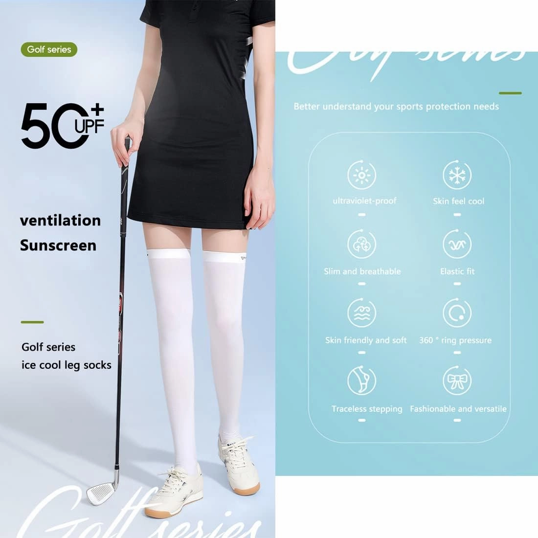 Summer Sun Protection Golf Socks UPF 50 ,Ice Silk Breathable Cool Long Thigh High Socks for School,Daily Wear,Cosplay.