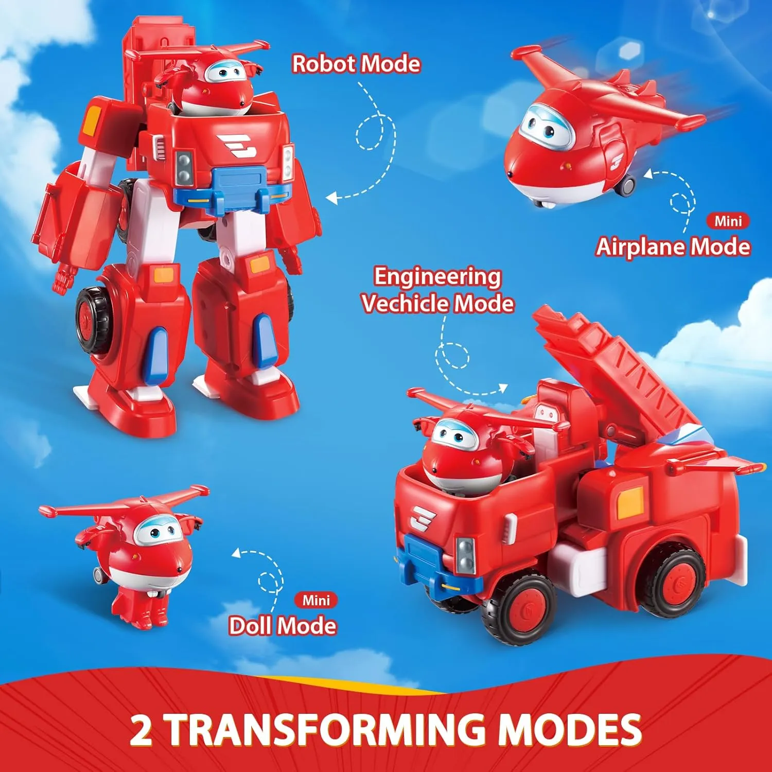 Super Wings Transformable Toys, 7" Jett Robot Suit and 2” Scale Transforming Jett Mini Action Figure,2-in-1 Mode Vehicle and Robot, Vehicle Playset for Kids 3 ,Gifts for Boys and Girls,Red