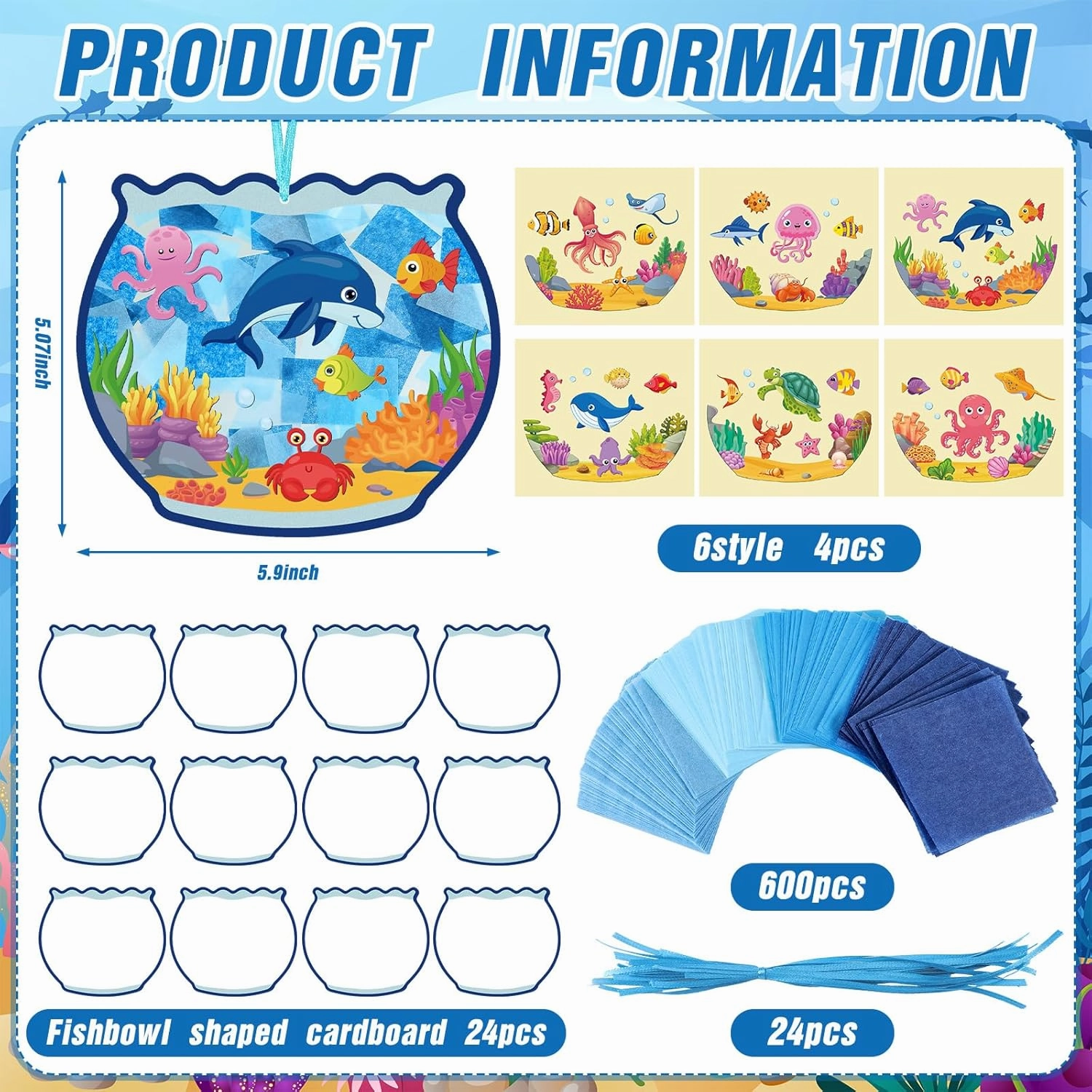 Supervitae 24 Sets Fishbowl Paper Crafts Kits Summer Crafts Sun Catchers Art Kits DIY Fish Tissue Paper Sign Make an Ocean Animals Worlds Stickers Scene for Window Activities Game Party Decor