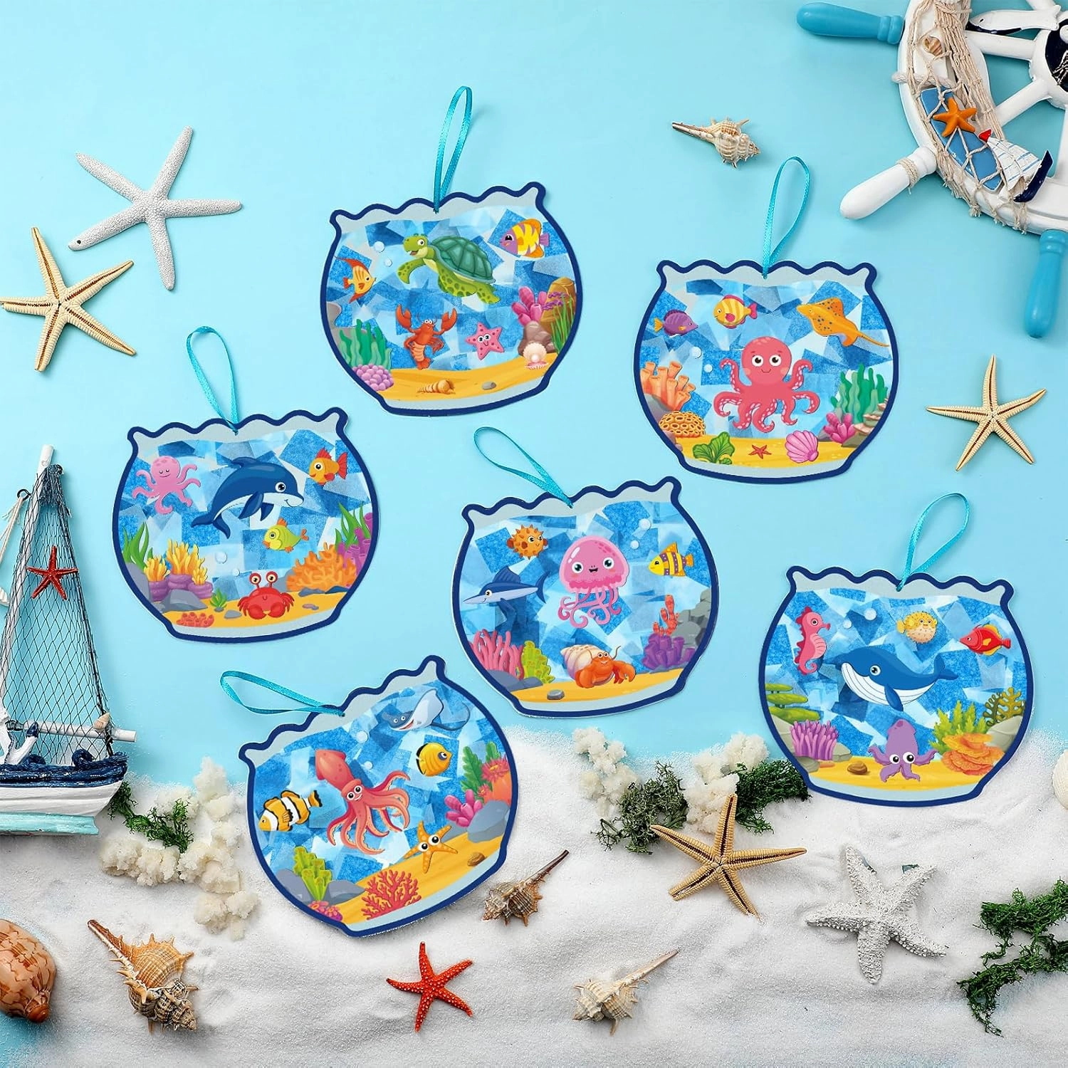 Supervitae 24 Sets Fishbowl Paper Crafts Kits Summer Crafts Sun Catchers Art Kits DIY Fish Tissue Paper Sign Make an Ocean Animals Worlds Stickers Scene for Window Activities Game Party Decor