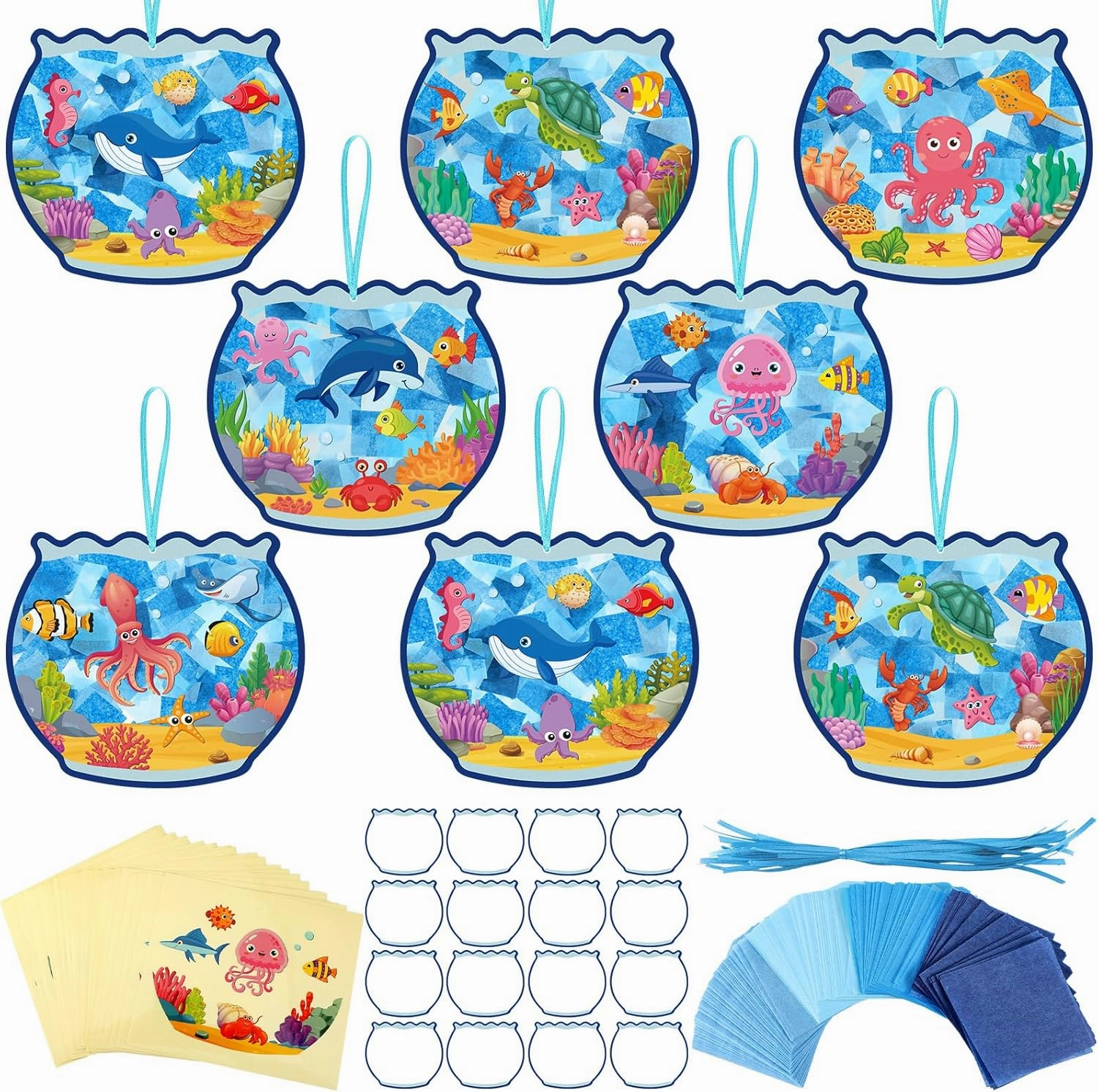 Supervitae 24 Sets Fishbowl Paper Crafts Kits Summer Crafts Sun Catchers Art Kits DIY Fish Tissue Paper Sign Make an Ocean Animals Worlds Stickers Scene for Window Activities Game Party Decor