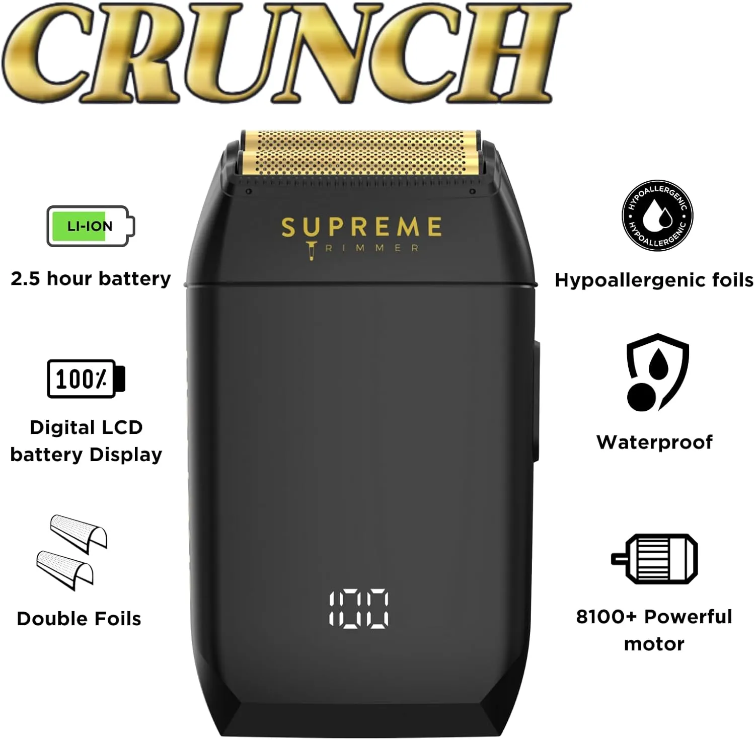 Supreme Trimmer Crunch Electric Razor for Men | 150 Minute Runtime, Waterproof Wet/Dry Men's Electric Corded/Cordless Double Foil Shaver for Stubble | STF602
