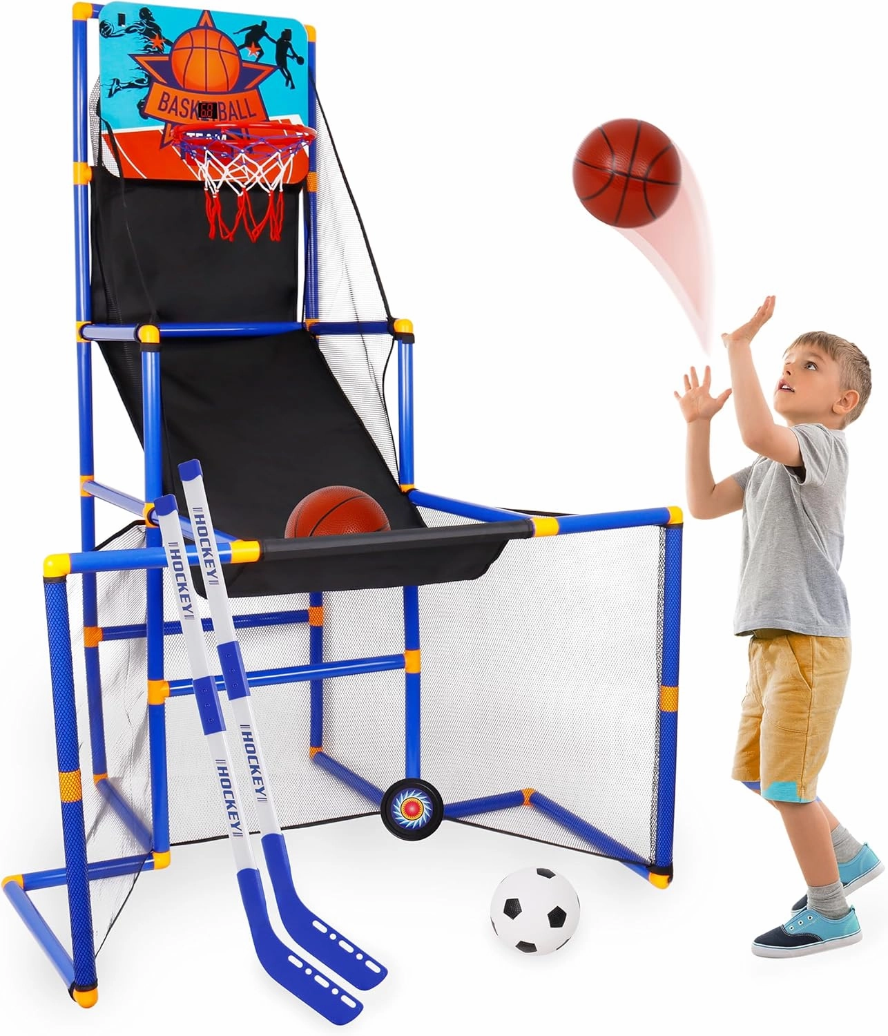 Surpop Kids Basketball Hoop Arcade Game with 4 Balls and Infrared Scoring Indicator, Basketball Football Hockey 3-in-1 - Toy Sports Game for Kids 3 