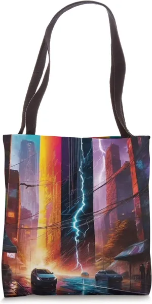 Surreal Alien Obelisk Space SciFi Lightning Colorful Trendy Tote Bag