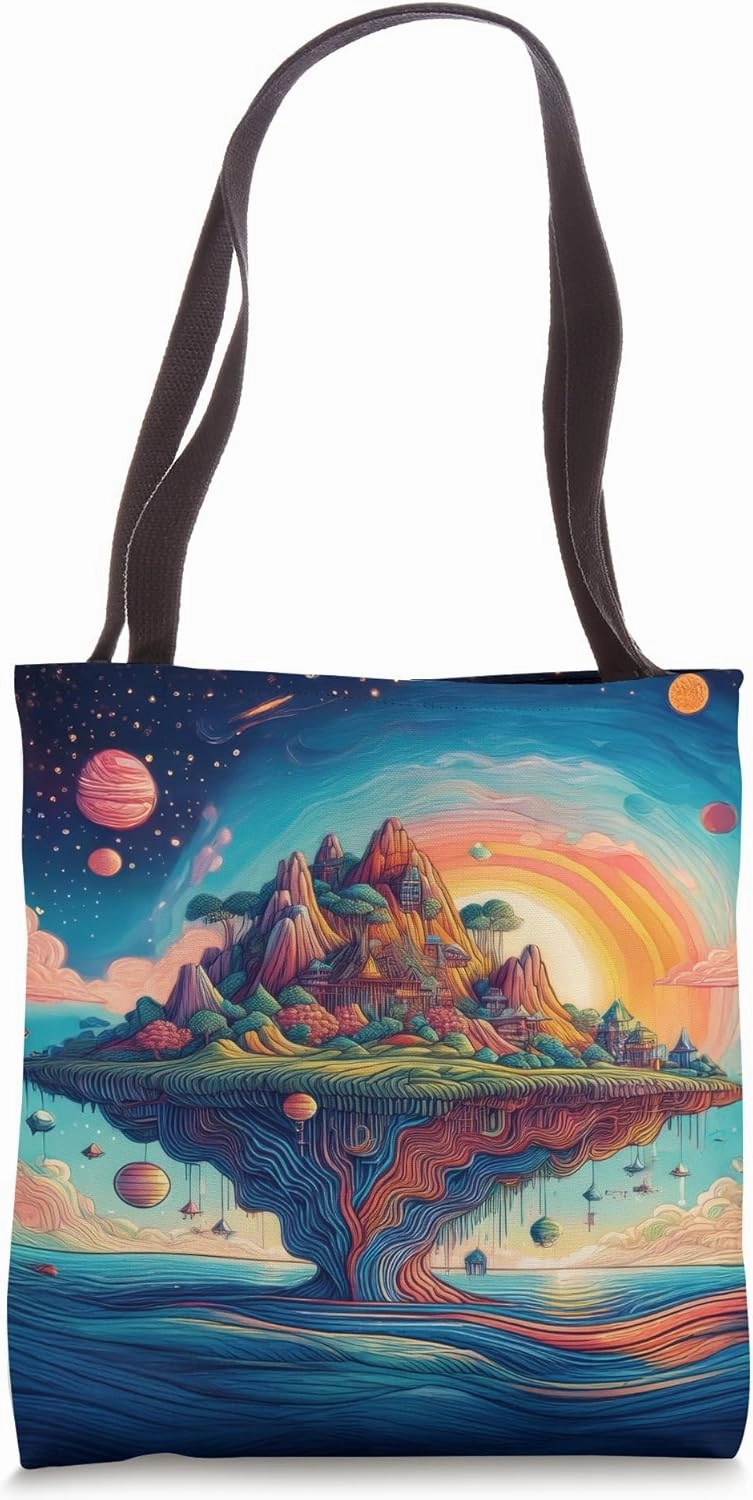 Surreal Floating Island Fantasy with Cosmic Sunset Tote Bag