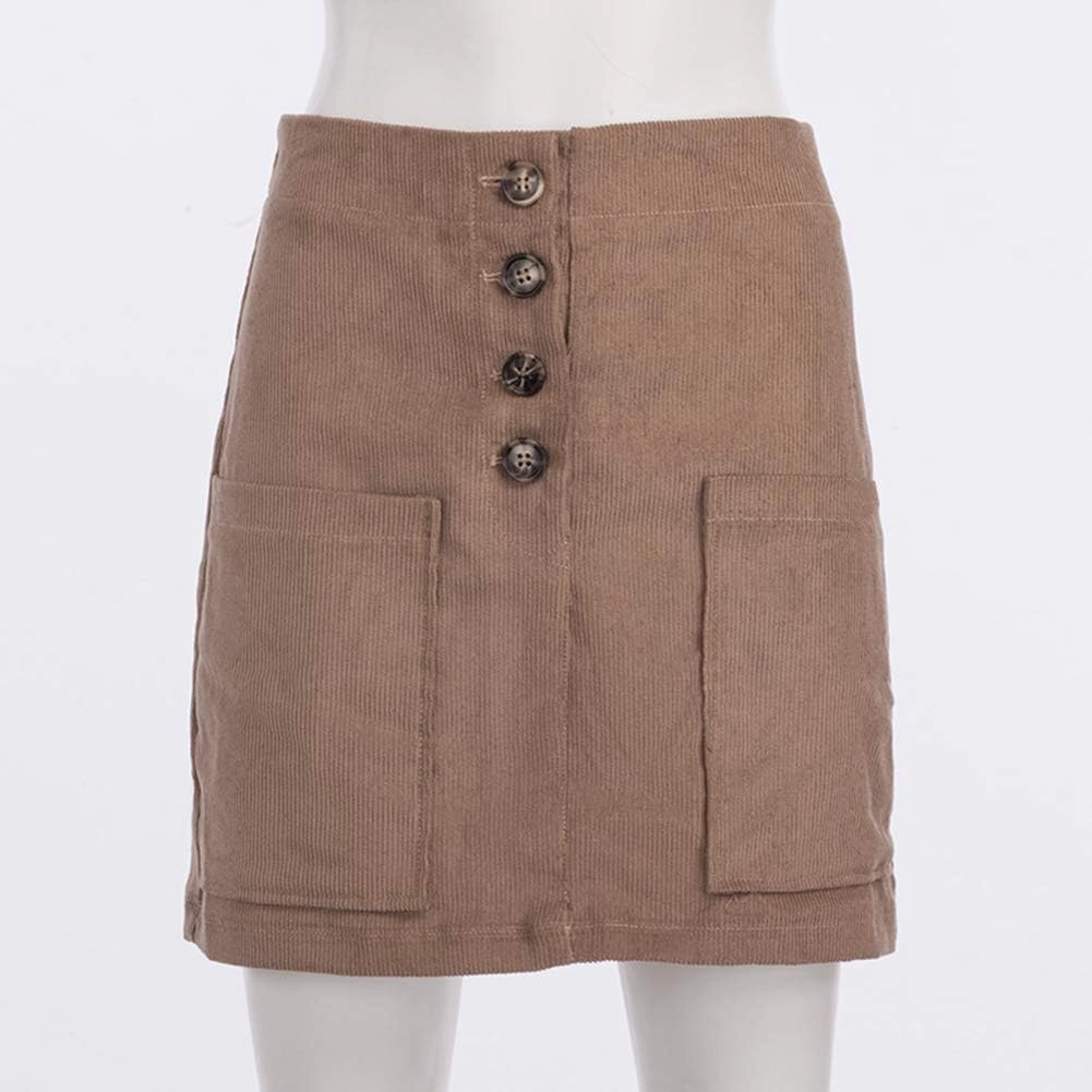 Susupeng Women High Waist Soft Faux Suede Button Down Skirt Slim Back Zip Side Pocket Mini Skirts