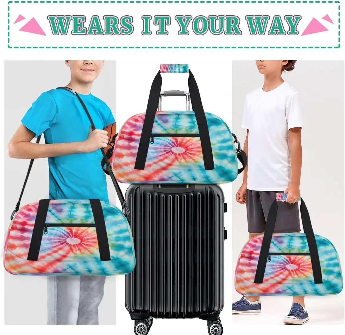 Swirl Tie Dye Kids Overnighter Duffel Bags for Boys, Carry-On Size Sports Gym Bag with Front Zipper Pocket for School Practice or Overnight Travel Weekender Sleepover Tote Bag