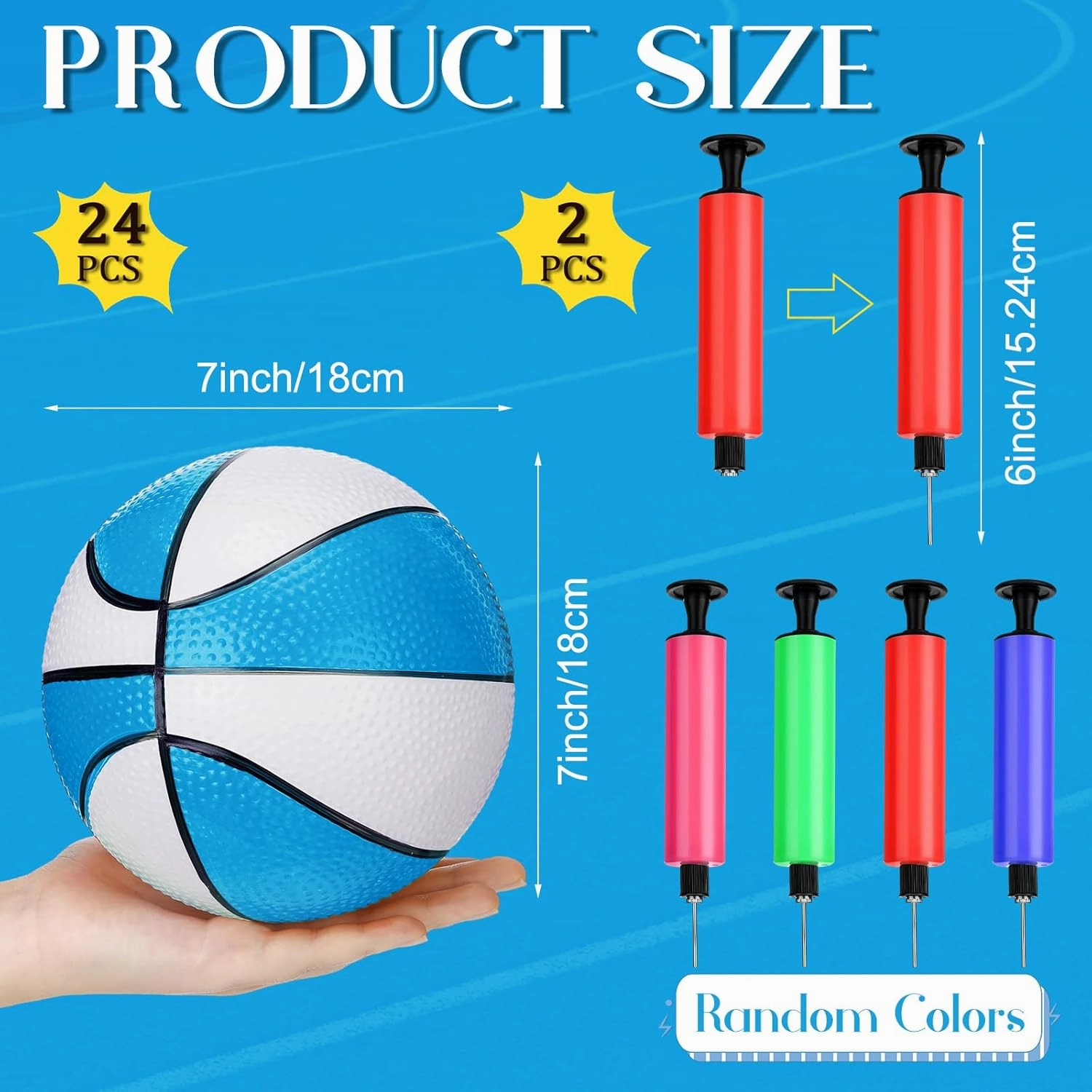 Syhood 24 Pcs Mini Basketballs Small Basketball with 2 Pumps 7 x 7 Inches PVC Basketball for Teenagers Pool Beach Sports Indoors Outdoors Party Favors(Blue White)