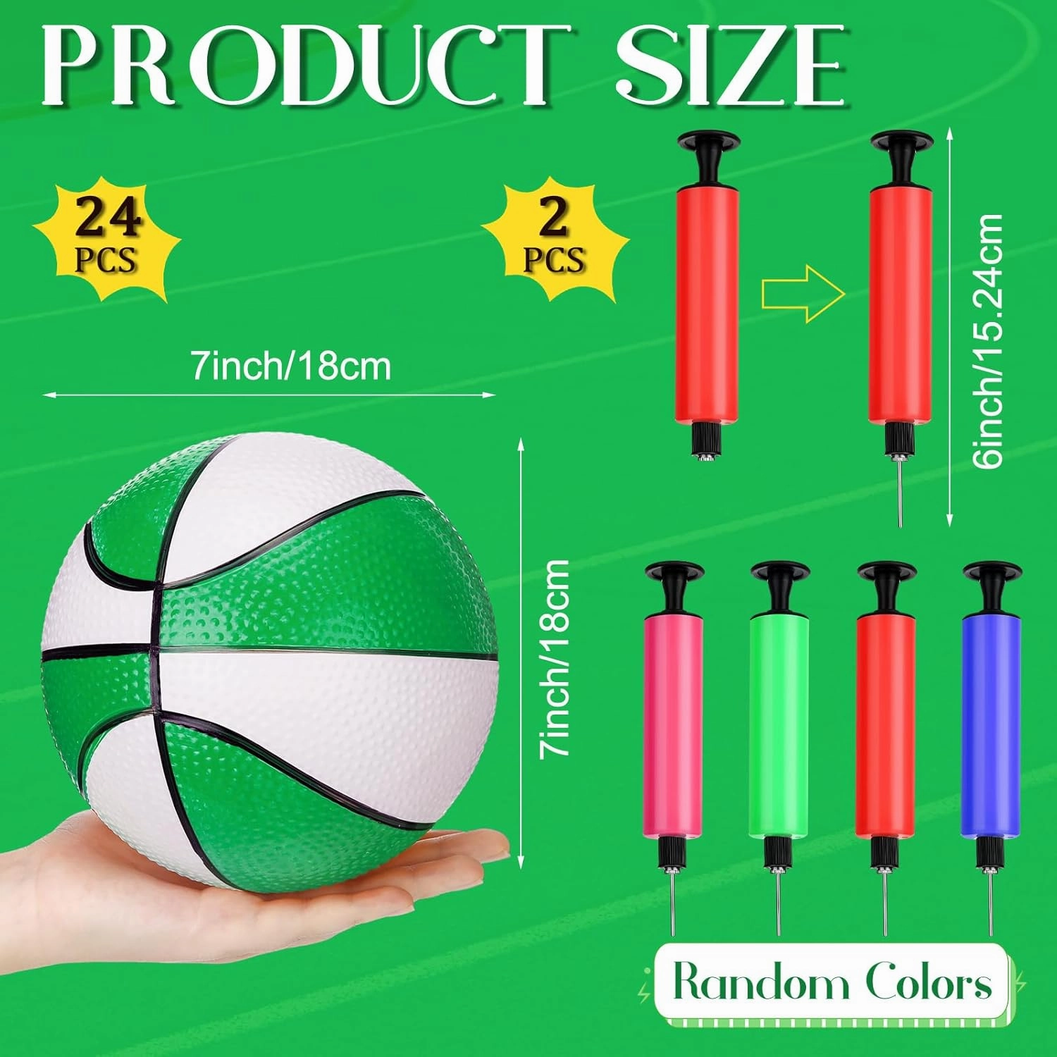 Syhood 24 Pcs Mini Basketballs Small Basketball with 2 Pumps 7 x 7 Inches PVC Basketball for Teenagers Pool Beach Sports Indoors Outdoors Party Favors(Green White)