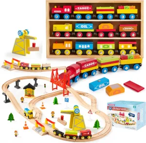 SYNCFUN 12PCS & 60PCS Wooden Train Set for Kids 2-8 – Montessori Magnetic Train Cars & Construction Express Railway with Crane – Perfect Christmas & Birthday Gift for Toddlers, Boys & Girls