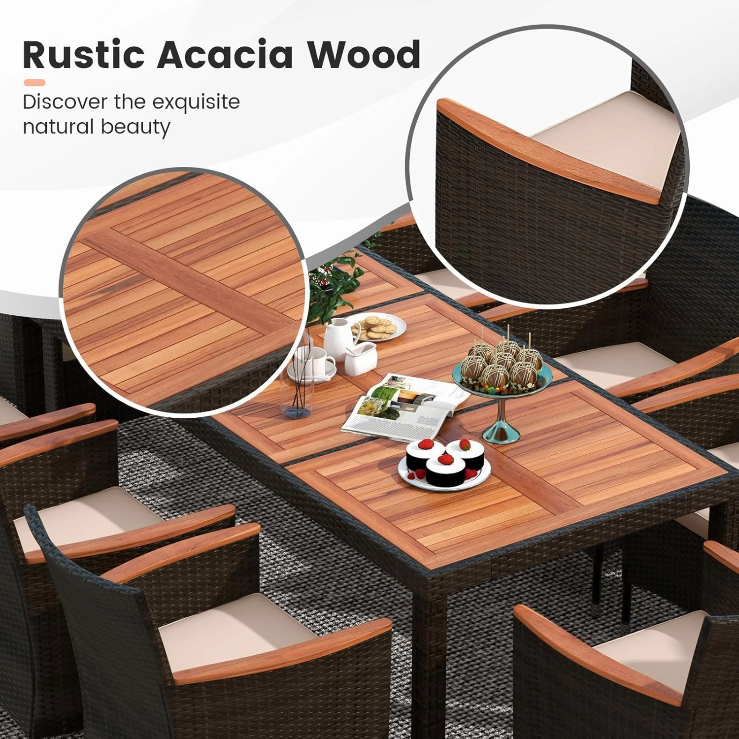Tangkula 11 Pieces Patio Dining Set with 15ft Double-Sided LED Patio Umbrella (Base Included), Outdoor Rattan Furniture Set with 8 Stackable Chairs, Acacia Wood Dining Table and Umbrella (Coffee)