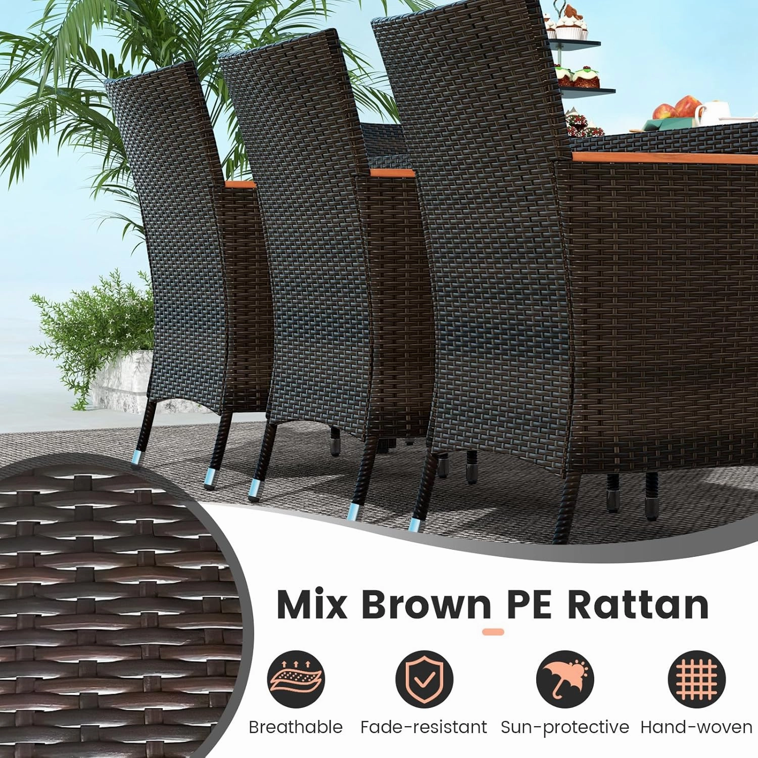 Tangkula 11 Pieces Patio Dining Set with 15ft Double-Sided LED Patio Umbrella (Base Included), Outdoor Rattan Furniture Set with 8 Stackable Chairs, Acacia Wood Dining Table and Umbrella (Coffee)