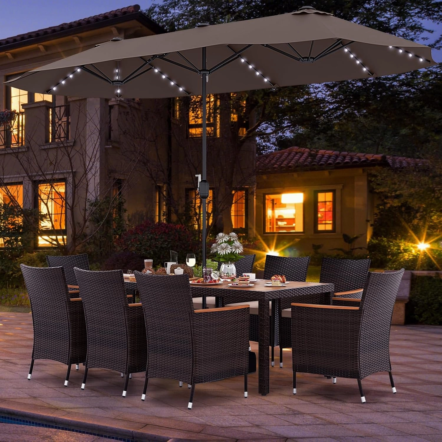 Tangkula 11 Pieces Patio Dining Set with 15ft Double-Sided LED Patio Umbrella (Base Included), Outdoor Rattan Furniture Set with 8 Stackable Chairs, Acacia Wood Dining Table and Umbrella (Coffee)