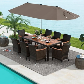 Tangkula 11 Pieces Patio Dining Set with 15ft Double-Sided LED Patio Umbrella (Base Included), Outdoor Rattan Furniture Set with 8 Stackable Chairs, Acacia Wood Dining Table and Umbrella (Coffee)