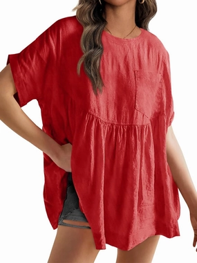Tankaneo Womens Summer Babydoll Tops Short Sleeve Crew Neck Tunic T Shirts Cute Swing Mini Dress (US, Alpha, X-Large, Regular, Regular, Red)