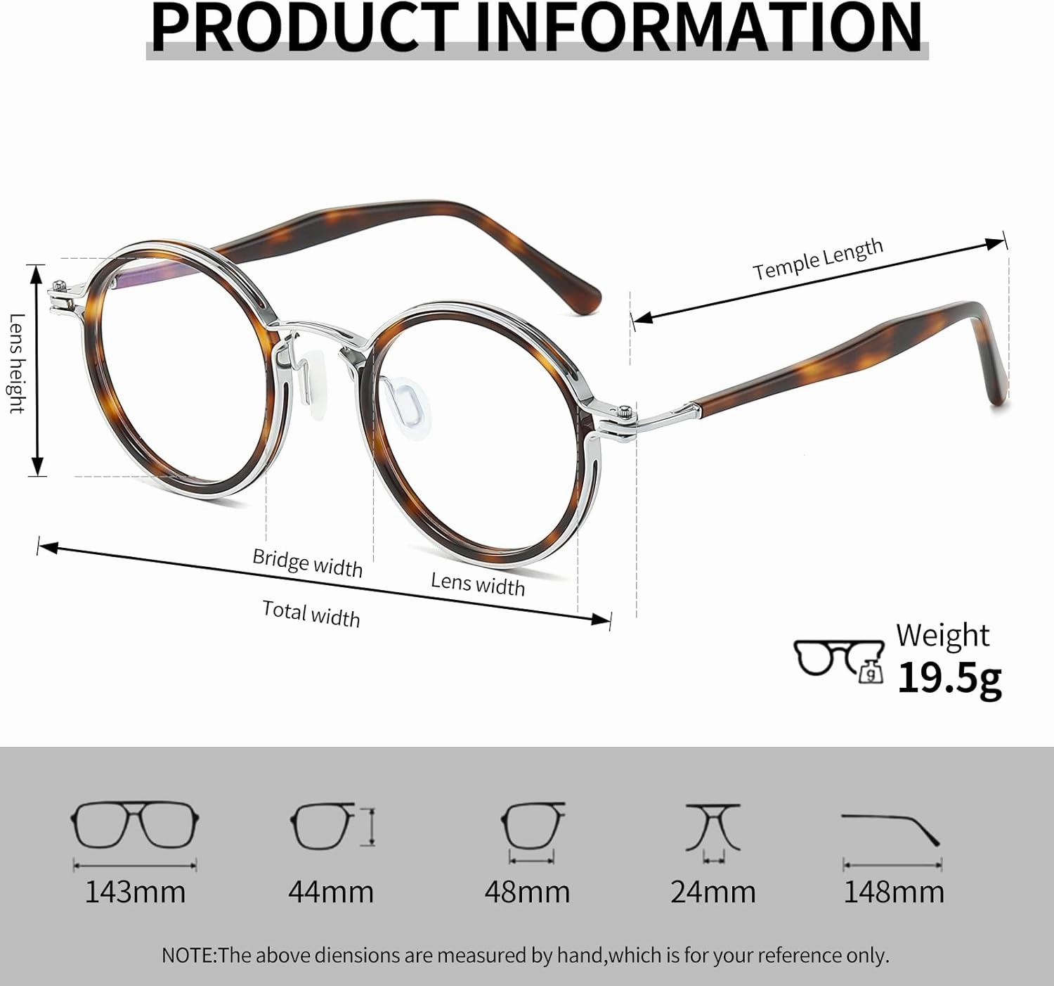 Tate Retro Titanium Acetate Prescription Glasses Frame，Luxury Round Eyeglasses with Blue Light Lenses 48-24-148mm