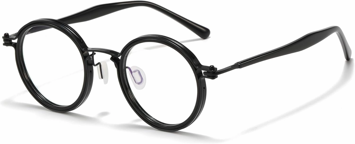 Tate Retro Titanium Acetate Prescription Glasses Frame，Luxury Round Eyeglasses with Blue Light Lenses 48-24-148mm