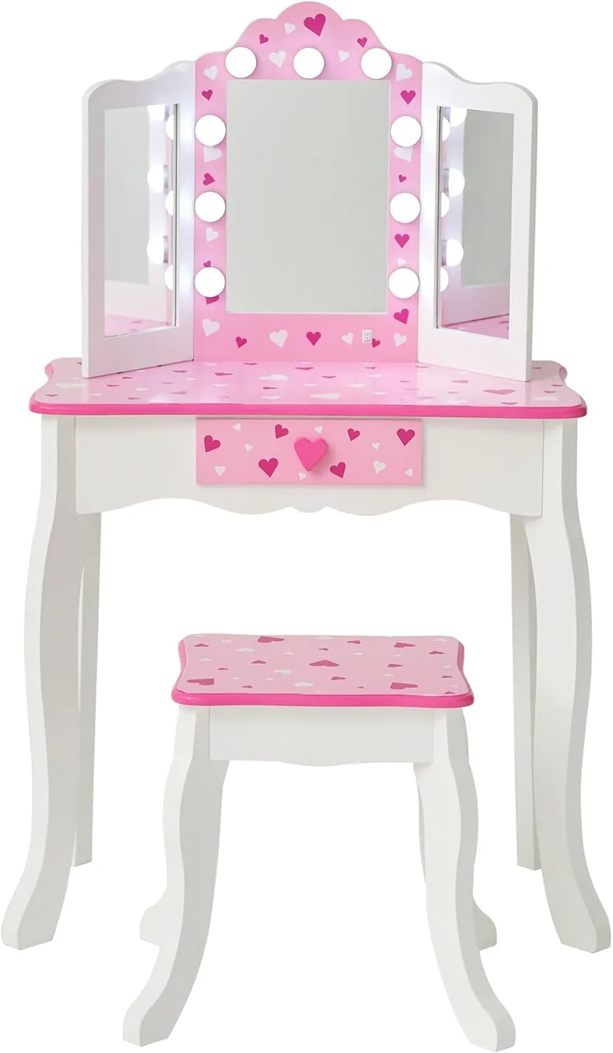 Teamson Kids Little Princess Gisele Sweethearts Print Kids Vanity Set with Matching Stool, Tri-fold Mirror with Glamour LED Lights   Storage Drawer For 3yr and up, Pretend Play House, Salon White/Pink