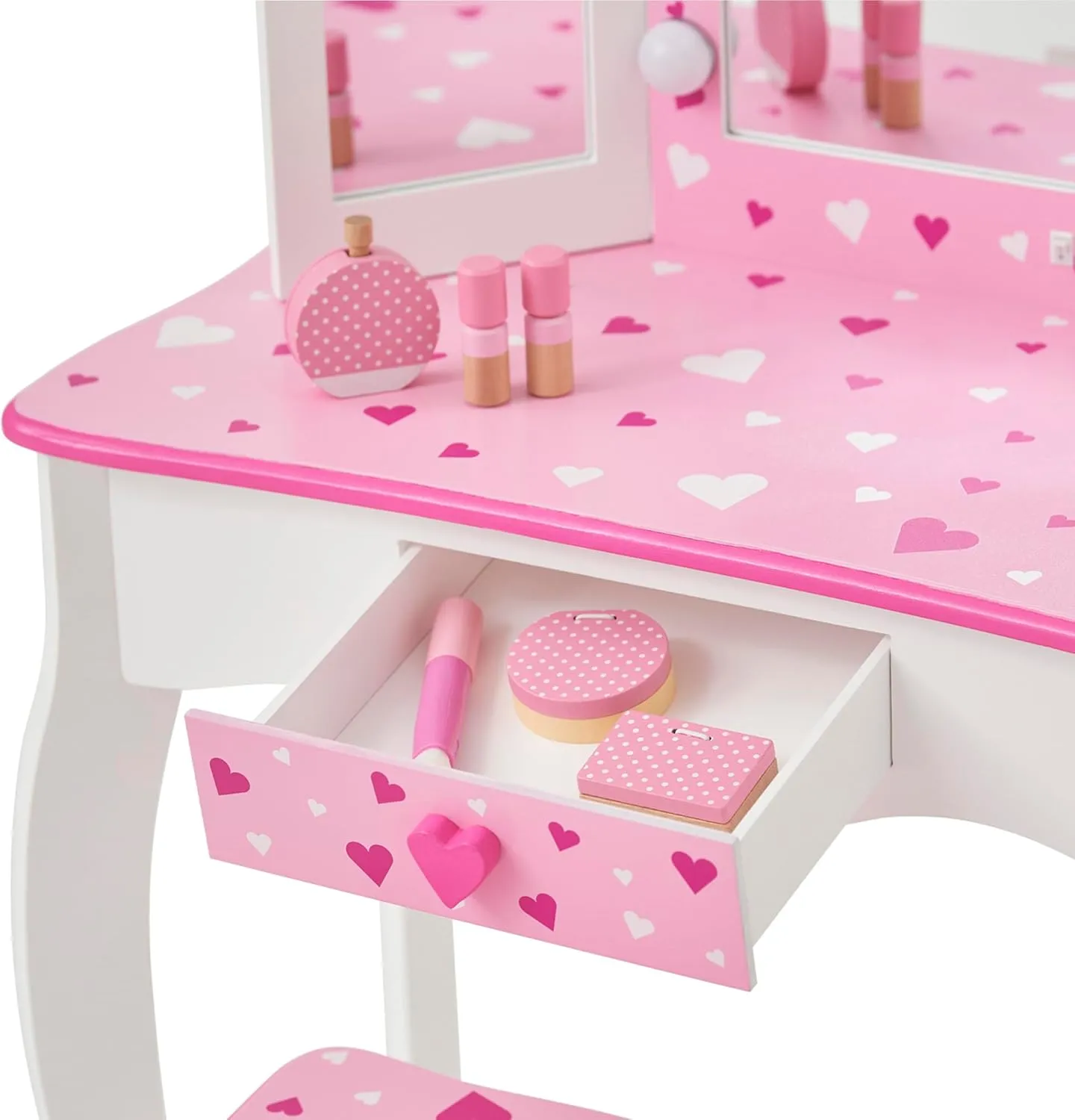 Teamson Kids Little Princess Gisele Sweethearts Print Kids Vanity Set with Matching Stool, Tri-fold Mirror with Glamour LED Lights   Storage Drawer For 3yr and up, Pretend Play House, Salon White/Pink