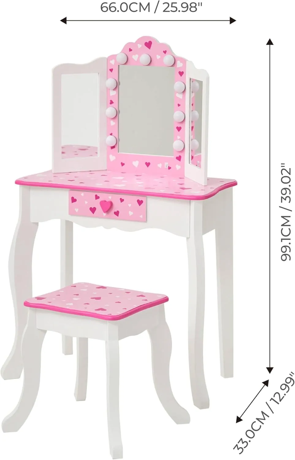 Teamson Kids Little Princess Gisele Sweethearts Print Kids Vanity Set with Matching Stool, Tri-fold Mirror with Glamour LED Lights   Storage Drawer For 3yr and up, Pretend Play House, Salon White/Pink