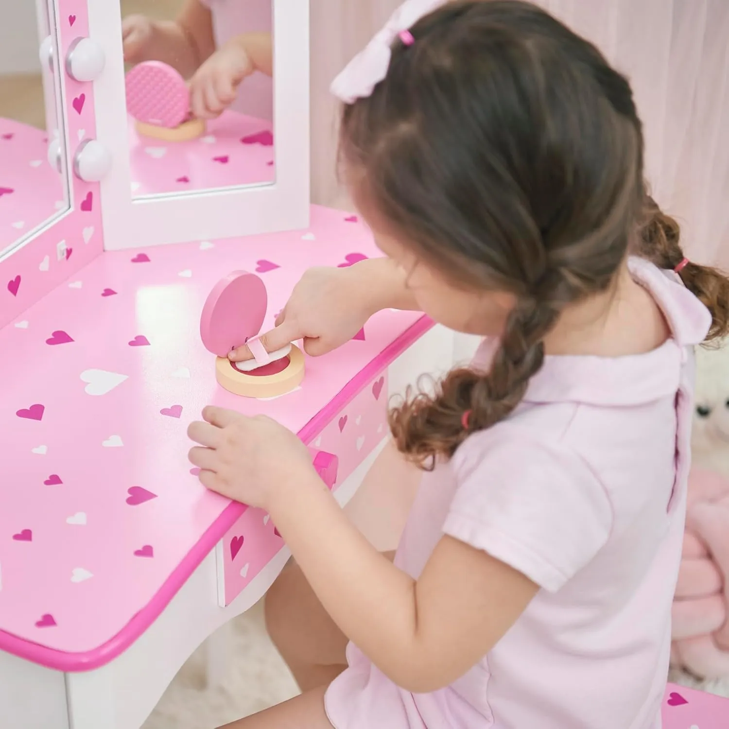 Teamson Kids Little Princess Gisele Sweethearts Print Kids Vanity Set with Matching Stool, Tri-fold Mirror with Glamour LED Lights   Storage Drawer For 3yr and up, Pretend Play House, Salon White/Pink