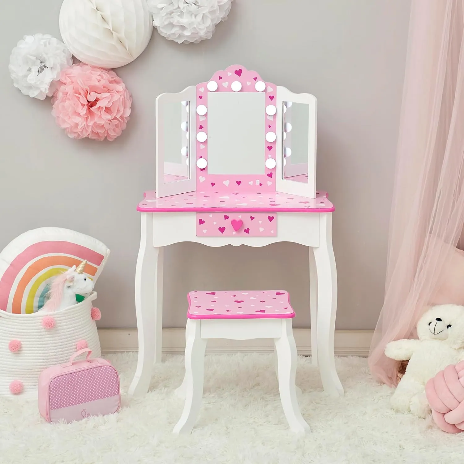 Teamson Kids Little Princess Gisele Sweethearts Print Kids Vanity Set with Matching Stool, Tri-fold Mirror with Glamour LED Lights   Storage Drawer For 3yr and up, Pretend Play House, Salon White/Pink