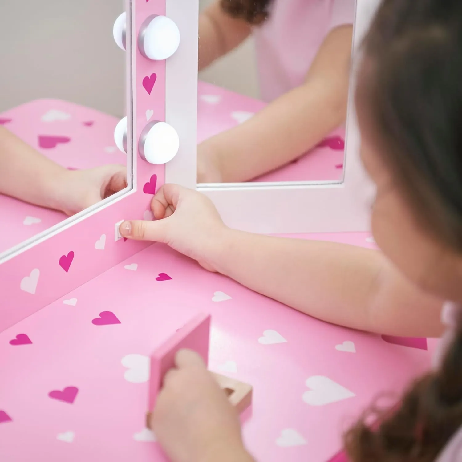 Teamson Kids Little Princess Gisele Sweethearts Print Kids Vanity Set with Matching Stool, Tri-fold Mirror with Glamour LED Lights   Storage Drawer For 3yr and up, Pretend Play House, Salon White/Pink