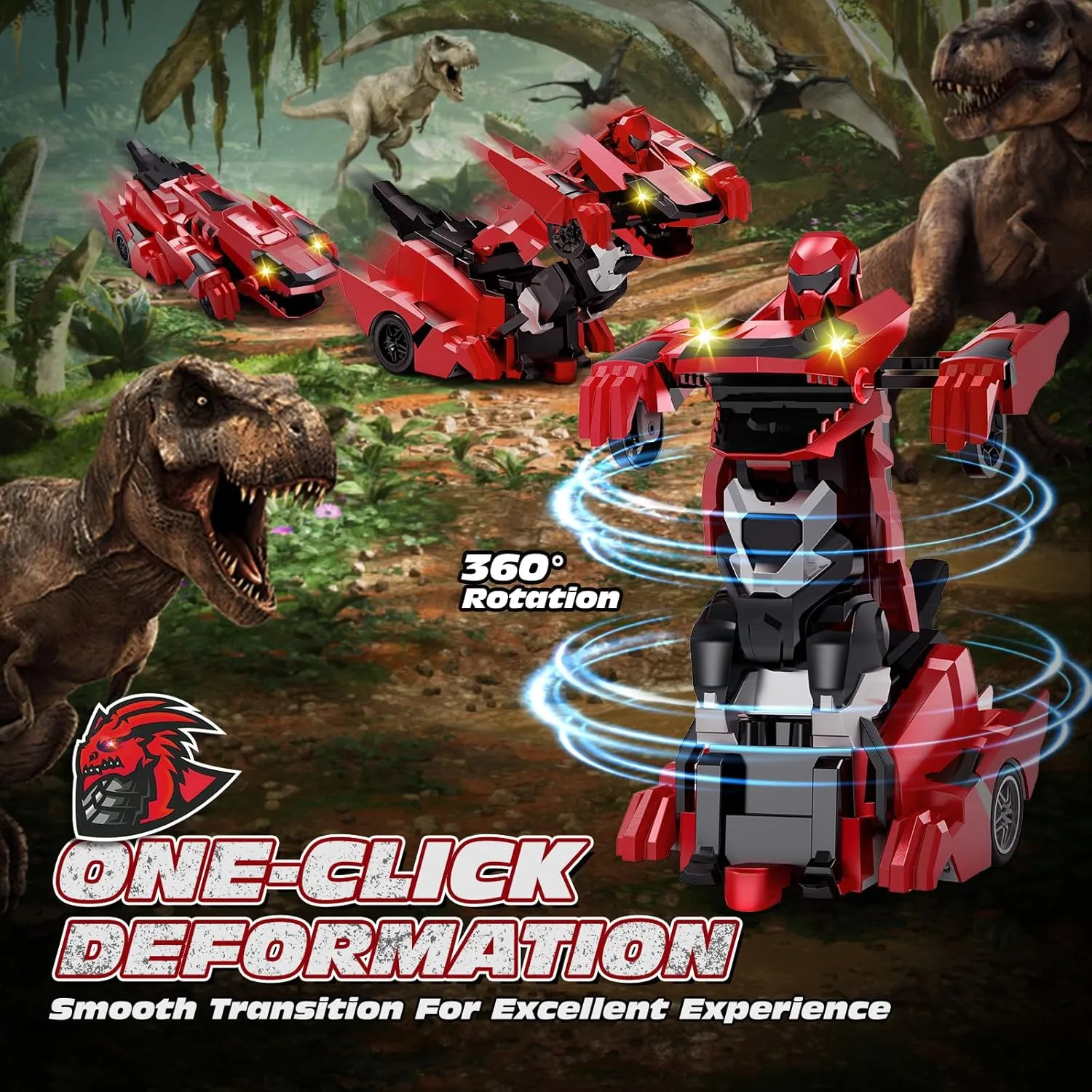 Tecnock Remote Control Car, Transform Dinosaur Toys Car Robot with One-Button Transformation, Rechargeable Battery for 70-Min Play, Gift for Boys and Girls