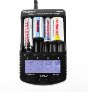 Tenergy TN456 Intelligent Universal Battery Charger with 4 Slots, LCD Display, USB Output, Power Adapter, Rechargeable Battery Charger for Li-ion/NiMH/NiCD Rechargeable Batteries
