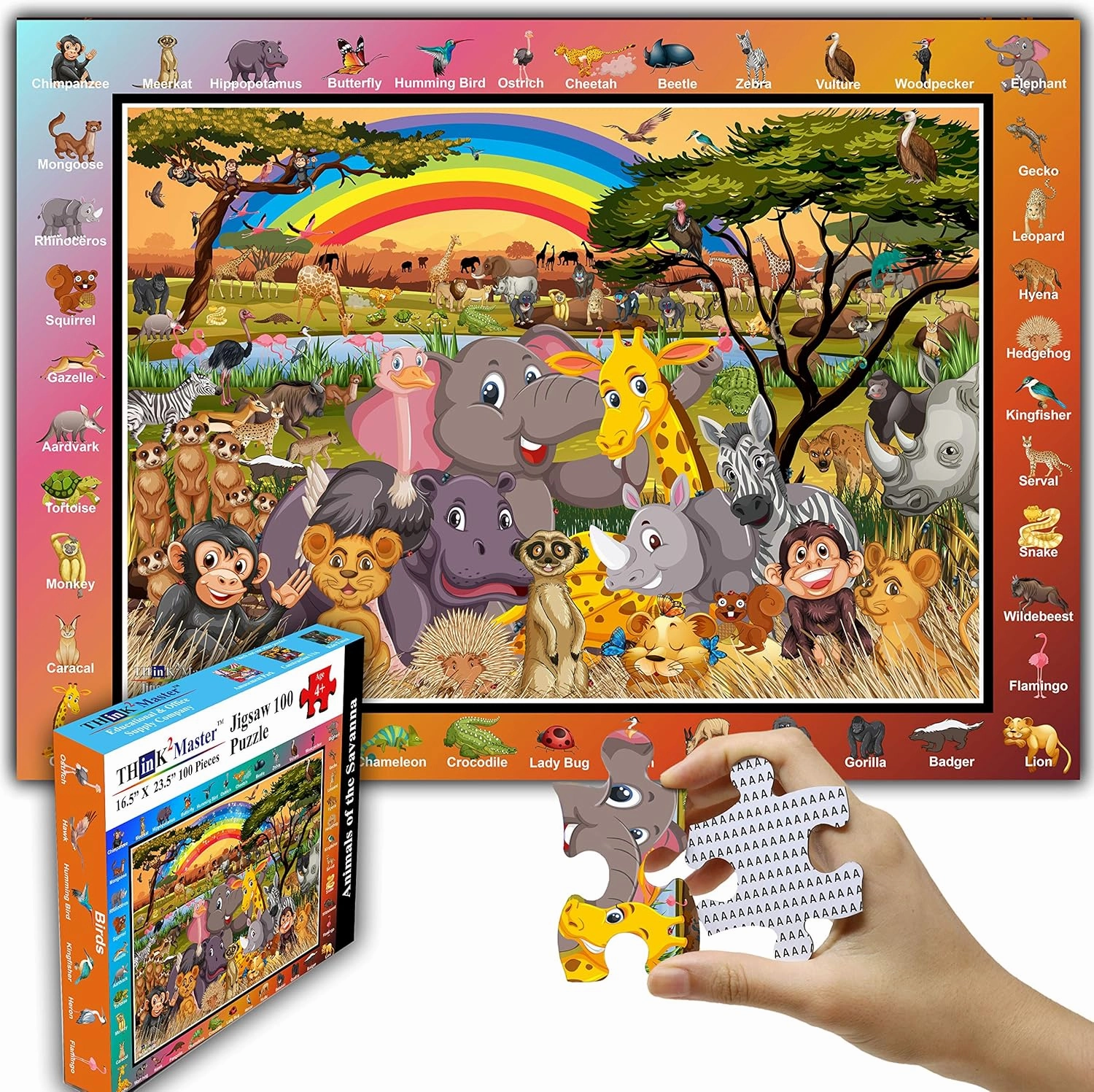 Think2Master Zoo Animals of The Savanna Jungle Safari 100 Pieces Jigsaw Puzzle. Fun Educational Toy for Kids, School & Families. Great Gift for Boys & Girls Ages 5-8 4-6 6-8 8-10 23.4” X 16.5”